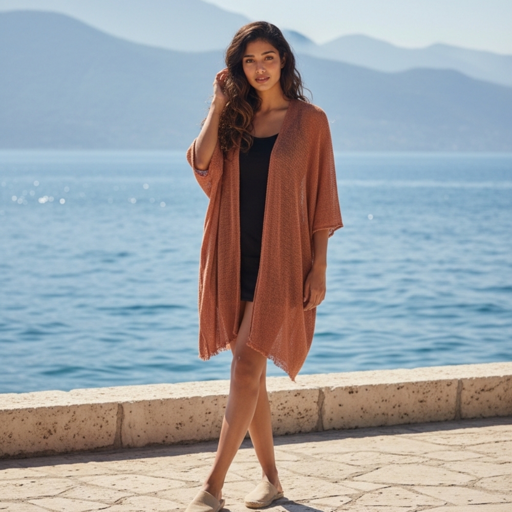 FREE PEOPLE Day Dream Washed Knit Cogna Long Kimono Cover Up Cardigan